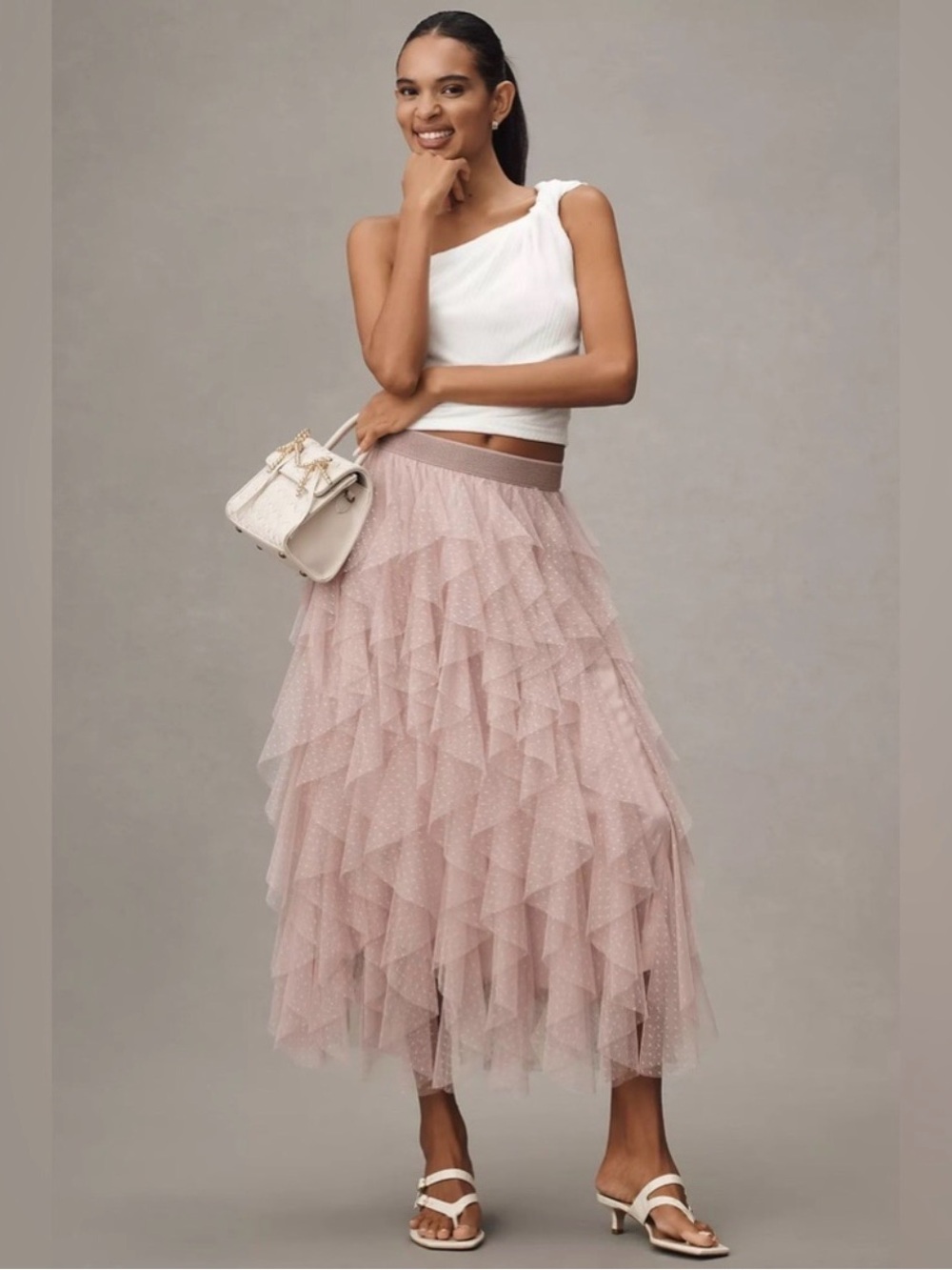 Anthropologie Chéri Ruffled Tulle Midi Pink Blush Skirt